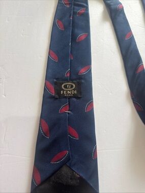 Fendi Navy Silk Tie with Red Leaf Motif
